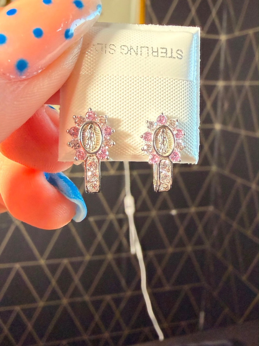 Sterling Silver Pink Crystal Mary Pendant Hoop Earrings